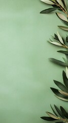 A serene, minimalist image featuring green leaves arranged against a soft green background, ideal for nature-themed designs.
