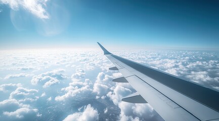 Obraz premium Airplane Wing Above a Sea of Clouds Under Bright Sunny Sky