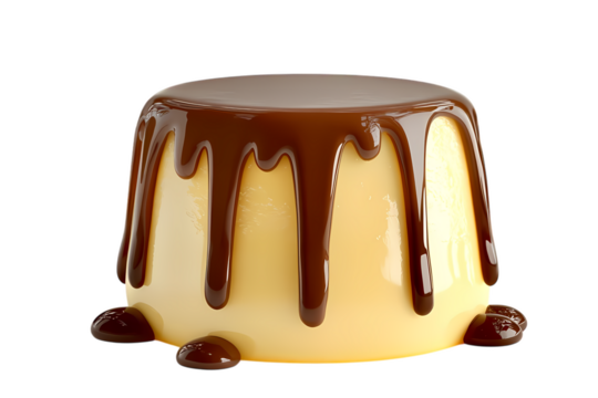 Cute panna cotta pudding jelly cake. caramel layers with chocolate sauce. Cut-out isolated on transparent background.