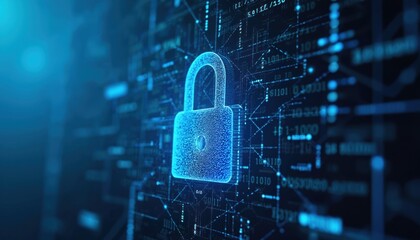 Digital padlock on abstract cyber security blue background with binary code. Image digital protection, secure online data privacy, encryption. Security system technology prevents network attacks from