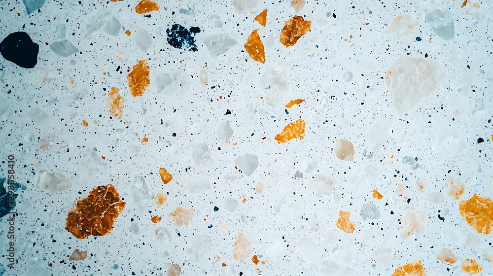Poster a textured surface featuring a light background with scattered orange, brown, and black stones, crea