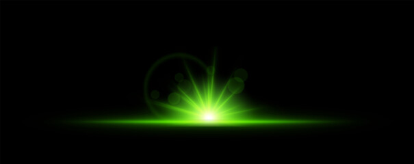 Glowing light burst on a dark background. Bright green energy explosion with radiant beams and bokeh effects. Abstract illumination with dynamic flare and glowing particles