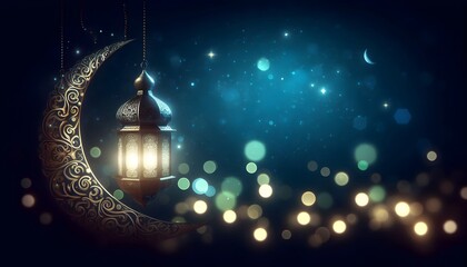 Obraz premium Elegant vintage Ramadan lantern glowing in dark night background symbolizing faith and spiritual atmosphere for Islamic festive concept