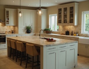 Light home kitchen interior with stone island, sink and cooking cabinet
