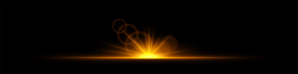 Glowing light burst on a dark background. Bright orange energy explosion with radiant beams and bokeh effects. Abstract illumination with dynamic flare and glowing particles