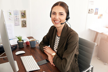 Microphone, portrait and consultant with business woman in office for travel agent, customer...