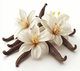 Elegant White Flowers with Vanilla Beans on Soft Background Creating a Fresh and Aromatic Ambiance for Culinary and Floral Designs