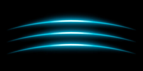 Abstract glowing blue light streaks dark background. Three curved energy lines with a bright neon effect create a futuristic and dynamic composition. Illumination with smooth gradients motion blur