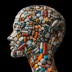 A head made of pills and tablets
