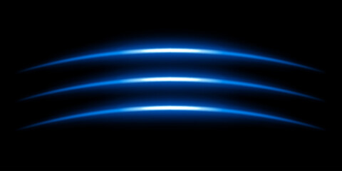 Abstract glowing blue light streaks dark background. Three curved energy lines with a bright neon effect create a futuristic and dynamic composition. Illumination with smooth gradients motion blur
