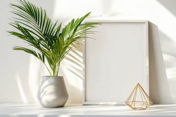 minimalist interior scene featuring blank frame, potted plant, and geometric decor piece, creating serene and stylish atmosphere
