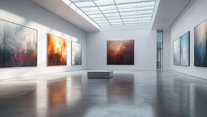 sleek modern art gallery featuring large abstract paintings white walls, illuminated by natural light from skylight. polished floor reflects vibrant colors of artwork, creating serene atmosphere