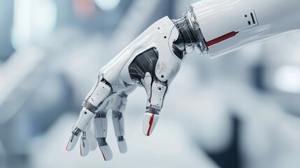 Close Up of a White Robotic Hand with Red Accents Against a Blurred Background
