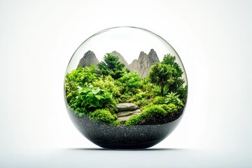 Miniature glass terrarium showcasing lush greenery with rock formations and mountain backdrop