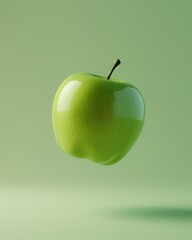 Obraz premium Crisp Green Apple in Mid-Air with Soft Reflections – Modern Minimalistic Gradient, Selective Focus
