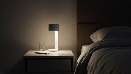 Led Bedside Table. Modern white bedside lamp glowing on table near bed