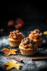 Elegant mini pumpkin cupcakes topped with cinnamon crumble and adorned with intricate sugar leaf decor, capturing the essence of autumn with vibrant flavors and artistic presentation.