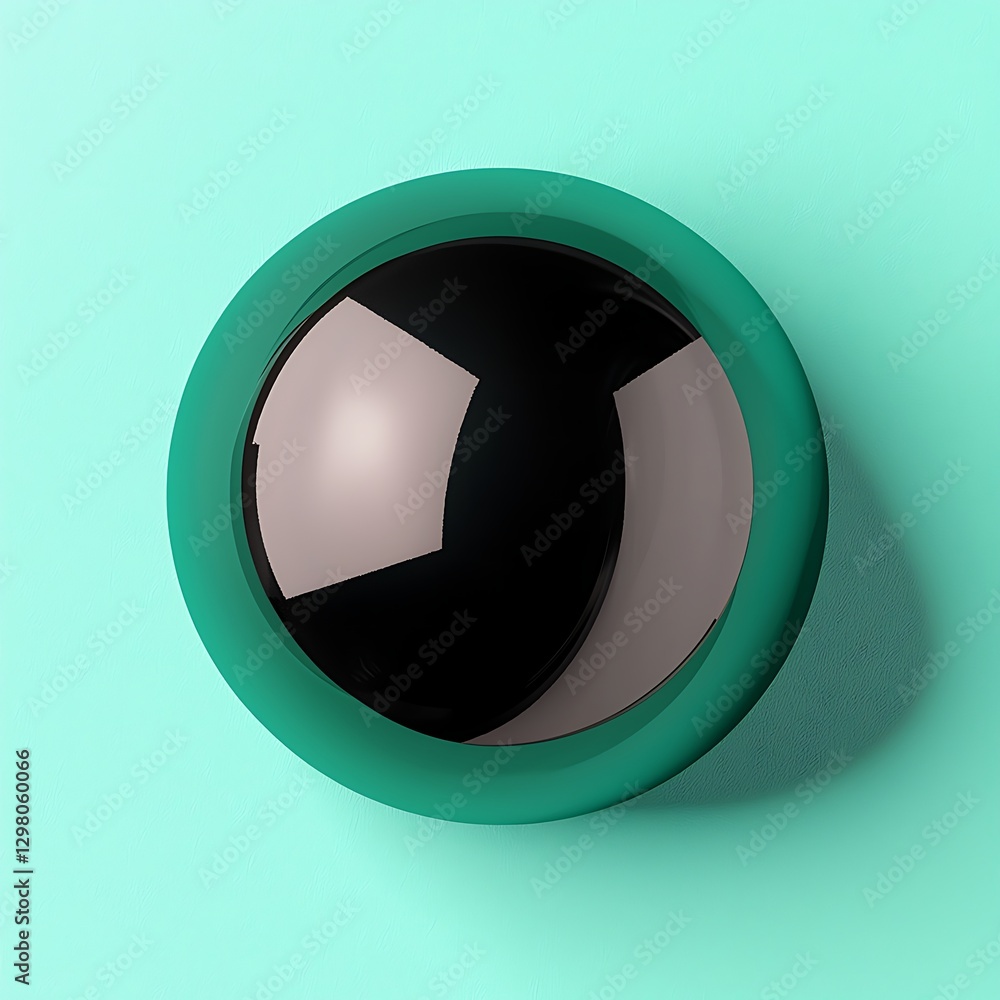 Poster a circular black object with a glossy surface, framed by a vibrant teal ring, set against a matching