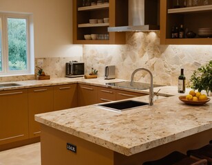 Light home kitchen interior with stone island, sink and cooking cabinet