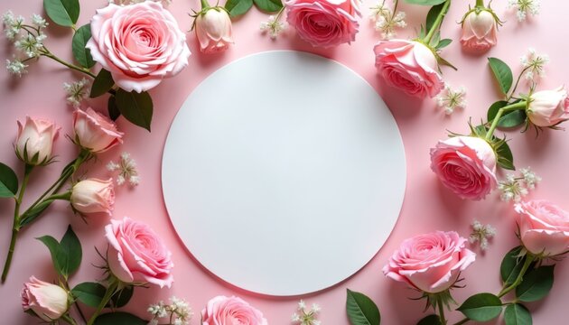 Top view flat lay of white circle, pink roses, green foliage on soft pink background, ample copyspace customization. Great for wedding invitation, birthday card, gift certificate layout. Valentine