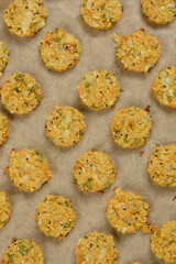 A top-down shot of baked soy patties arranged on parchment paper, showcasing their golden-brown color and textured surface