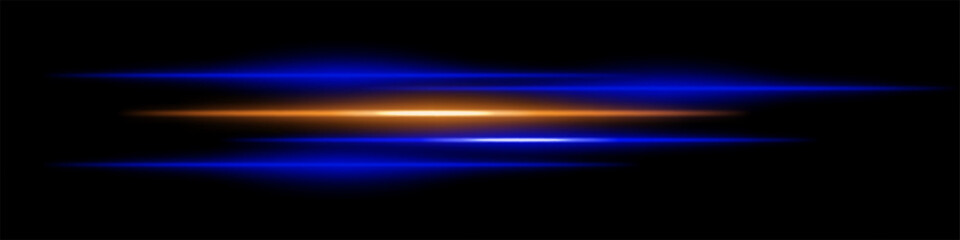 Abstract glowing blue and orange light streaks on a dark background. Multiple parallel neon beams with radiant flare and motion blur create a futuristic speed and energy effect