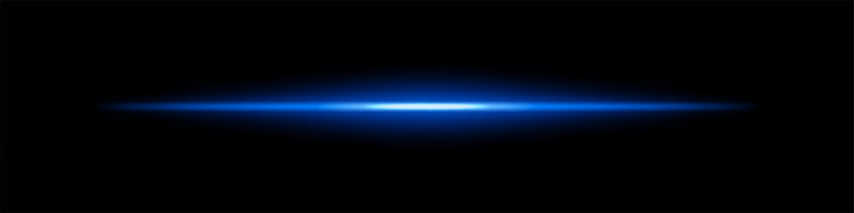 Abstract glowing blue light beam on a dark background. A horizontal neon streak with a radiant flare and smooth gradient creates a futuristic energy effect. Vibrant illumination sci-fi aesthetic