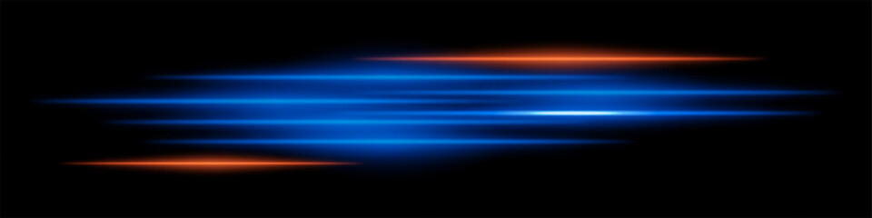 Obraz premium Abstract glowing blue and orange light streaks on a dark background. Multiple parallel neon beams with motion blur and radiant flare create a futuristic speed and energy effect