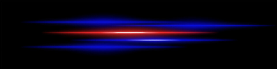 Abstract glowing blue and orange light streaks on a dark background. Multiple parallel neon beams with radiant flare and motion blur create a futuristic speed and energy effect