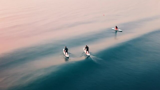 Surfers paddling out together at dawn in calm ocean waves