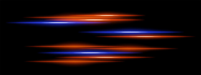 Abstract glowing blue and orange light streaks on a dark background. Multiple parallel neon beams with motion blur and radiant flare create a futuristic speed and energy effect