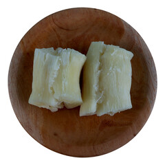 Boiled cassava on wooden plate