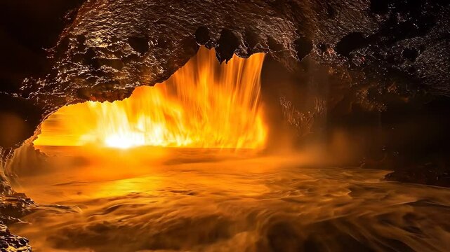 Flames dancing in a stunning cave with a tranquil, glowing seascape at sunset, Flames rising and diminishing in beautiful cave wide shot