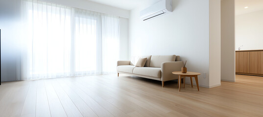 Fototapeta premium modern living room in Japanese apartment featuring light colored sofa, wooden flooring, and large windows with sheer curtains, creating bright and airy atmosphere