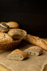 Sliced bread on the table. Homemade pastries.Freshly baked buns are on the table