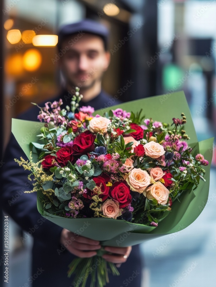 Poster courier in neat uniform delivers stunning bouquet of flowers in urban setting during daylight hours.