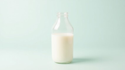 A2a2 Raw milk Plant Barley Pistachio Colostrum powder Remilk TurtleTree Change Foods Sproud Glass bottle filled with fresh white standing on pastel blue surface, perfect for dairy product advertiseme