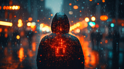 Mysterious hooded figure surrounded by glowing digital matrix rain effect with binary code fragments scattered across dark atmospheric scene symbolizing cyber security encryption and digital secrecy

