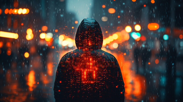 Mysterious hooded figure surrounded by glowing digital matrix rain effect with binary code fragments scattered across dark atmospheric scene symbolizing cyber security encryption and digital secrecy

