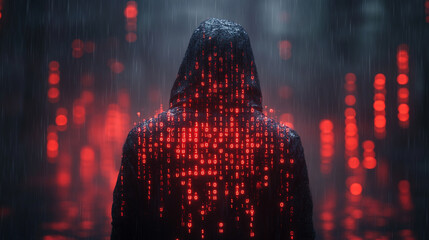Mysterious hooded figure surrounded by glowing digital matrix rain effect with binary code fragments scattered across dark atmospheric scene symbolizing cyber security encryption and digital secrecy

