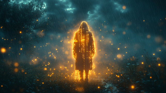 Mysterious hooded figure surrounded by glowing digital matrix rain effect with binary code fragments scattered across dark atmospheric scene symbolizing cyber security encryption and digital secrecy

