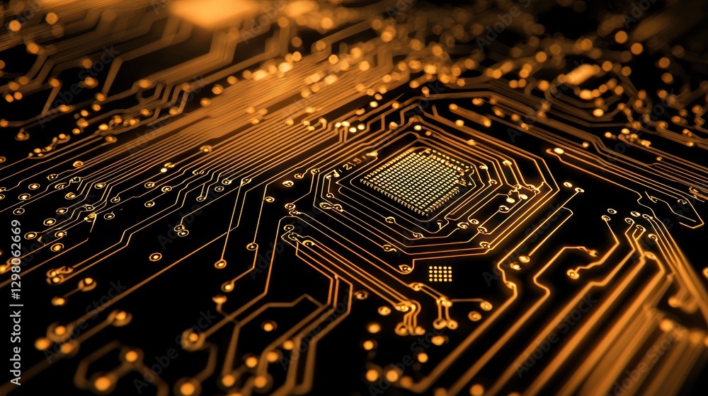 Poster golden circuit board: microchip technology close-up