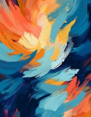 Obraz premium Soft-focus abstract: bold brushstrokes in navy, coral & mustard. Vibrant & textured. Ideal for artistic backgrounds & eye-catching designs.