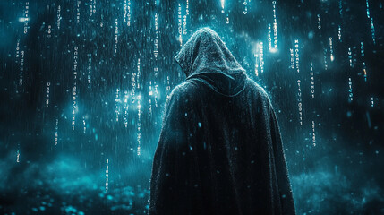 Mysterious hooded figure surrounded by glowing digital matrix rain effect with binary code fragments scattered across dark atmospheric scene symbolizing cyber security encryption and digital secrecy


