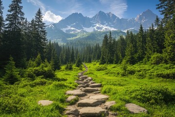 Obraz premium Lush green pathway leads through towering trees towards majestic