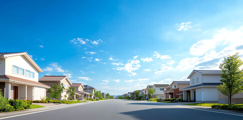 Newly built single family houses line quiet street under bright blue sky. scene captures peaceful suburban neighborhood with lush greenery and clear weather