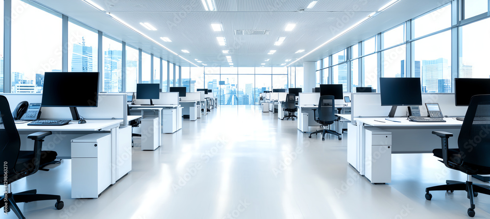 Poster modern open space office with desks and computers, featuring large windows and bright atmosphere. de