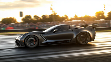 Red sports car racing at high speed on a drag strip, showcasing the thrill of competition and the pursuit of performance excellence.