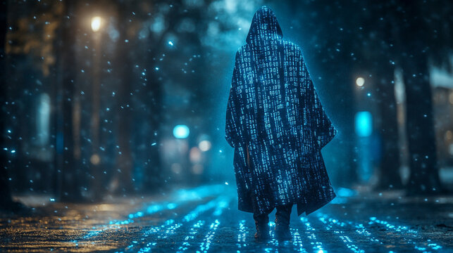 Mysterious hooded figure surrounded by glowing digital matrix rain effect with binary code fragments scattered across dark atmospheric scene symbolizing cyber security encryption and digital secrecy

