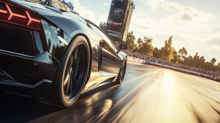 Red sports car racing at high speed on a drag strip, showcasing the thrill of competition and the pursuit of performance excellence.